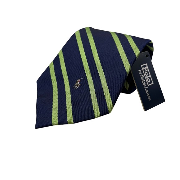 Polo Ralph Lauren Men's Necktie Navy Blue Green Striped Horse Logo NWT VTG - Picture 1 of 4